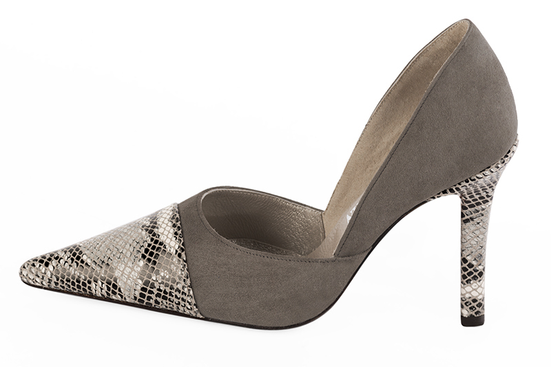 Natural beige and taupe brown women's open arch dress pumps. Pointed toe. Very high slim heel. Profile view - Florence KOOIJMAN